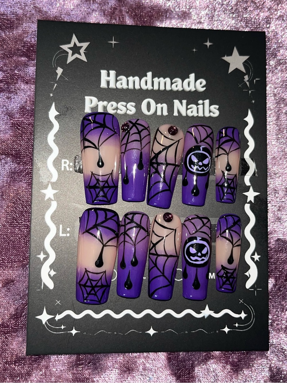 Handmade Purple Halloween Spiderweb Press On Nails